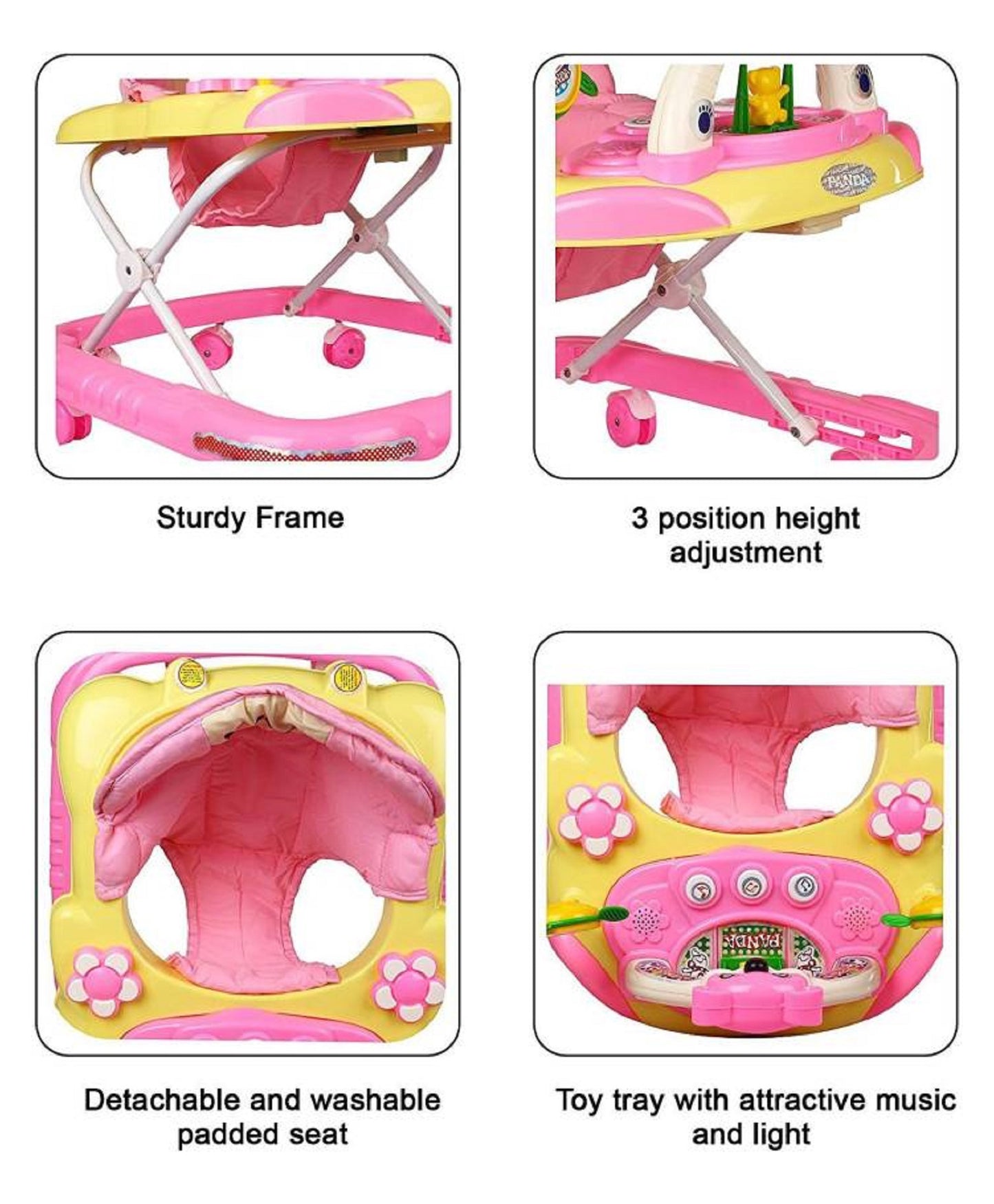 Panda 007 Smart Musical Round Toddler Baby Walker with Comfy 3-in-1 Height Adjustable with Light and Musical Toy Bar and Ultra Soft Seat for Kids/Boys&Girls (6 Month + Age) PINK - MRGTOYS