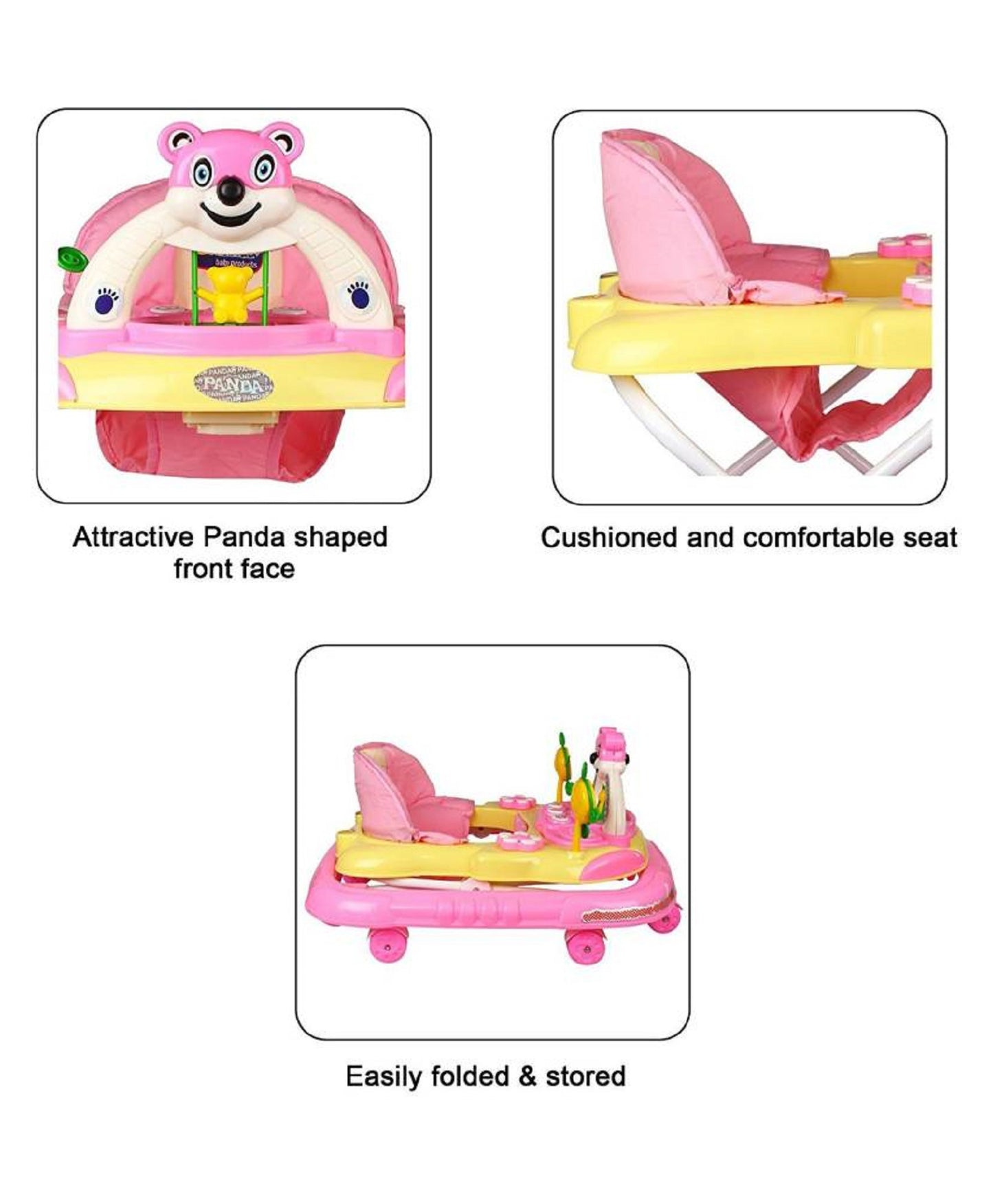 Panda 007 Smart Musical Round Toddler Baby Walker with Comfy 3-in-1 Height Adjustable with Light and Musical Toy Bar and Ultra Soft Seat for Kids/Boys&Girls (6 Month + Age) PINK - MRGTOYS