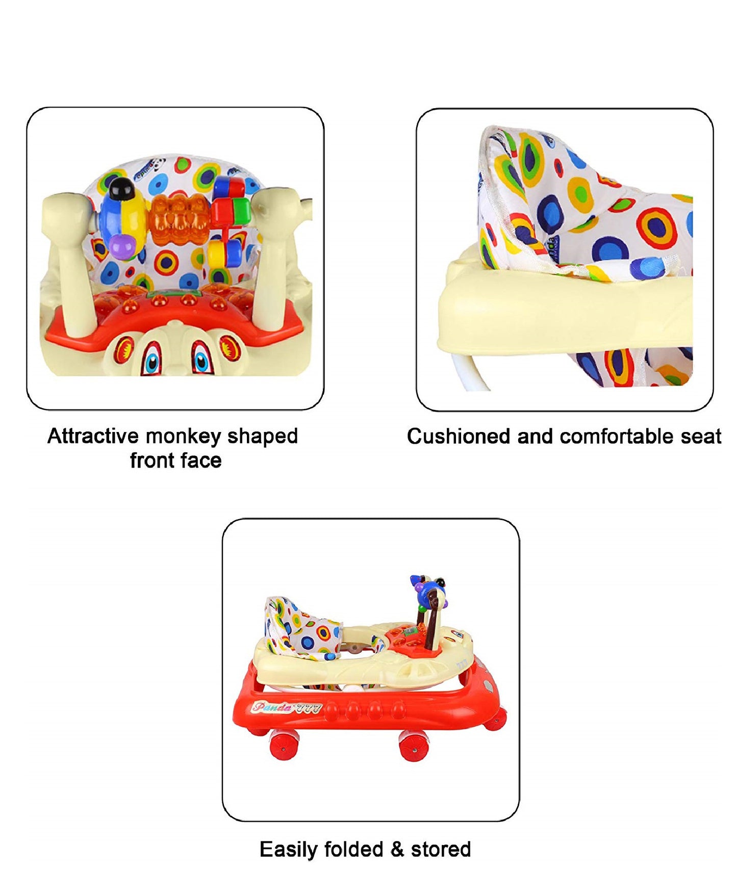 Panda 777 Smart Musical Round Toddler Baby Walker with Comfy Seat and Activity with Light and Musical Toy Bar and Ultra Soft Seat for Kids/Babies (RED) - MRGTOYS