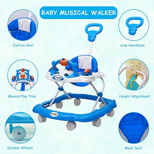 Love Baby Ultra Soft Seat Baby Activity Walker with Wheel, Adjustable Height and Musical Tray and Toys blue - MRGTOYS