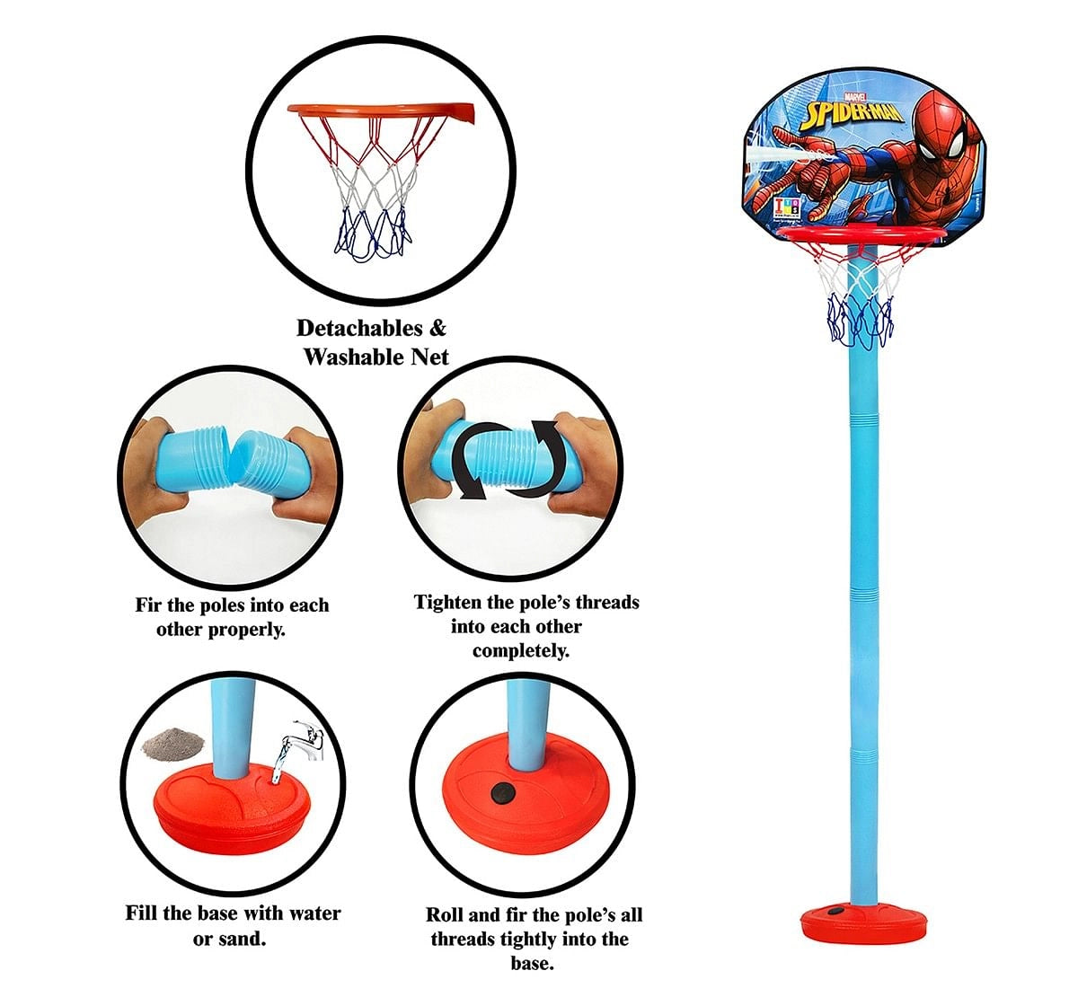 IToys Marvel Spiderman shooting champ basket ball set, standing basket ball for growing kids, 3Y+(Multicolour)