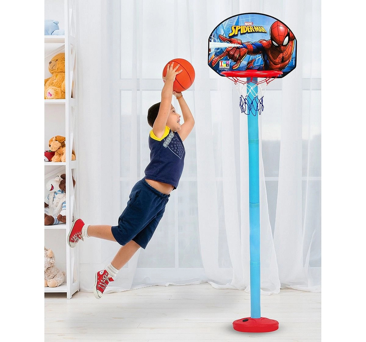 IToys Marvel Spiderman shooting champ basket ball set, standing basket ball for growing kids, 3Y+(Multicolour)