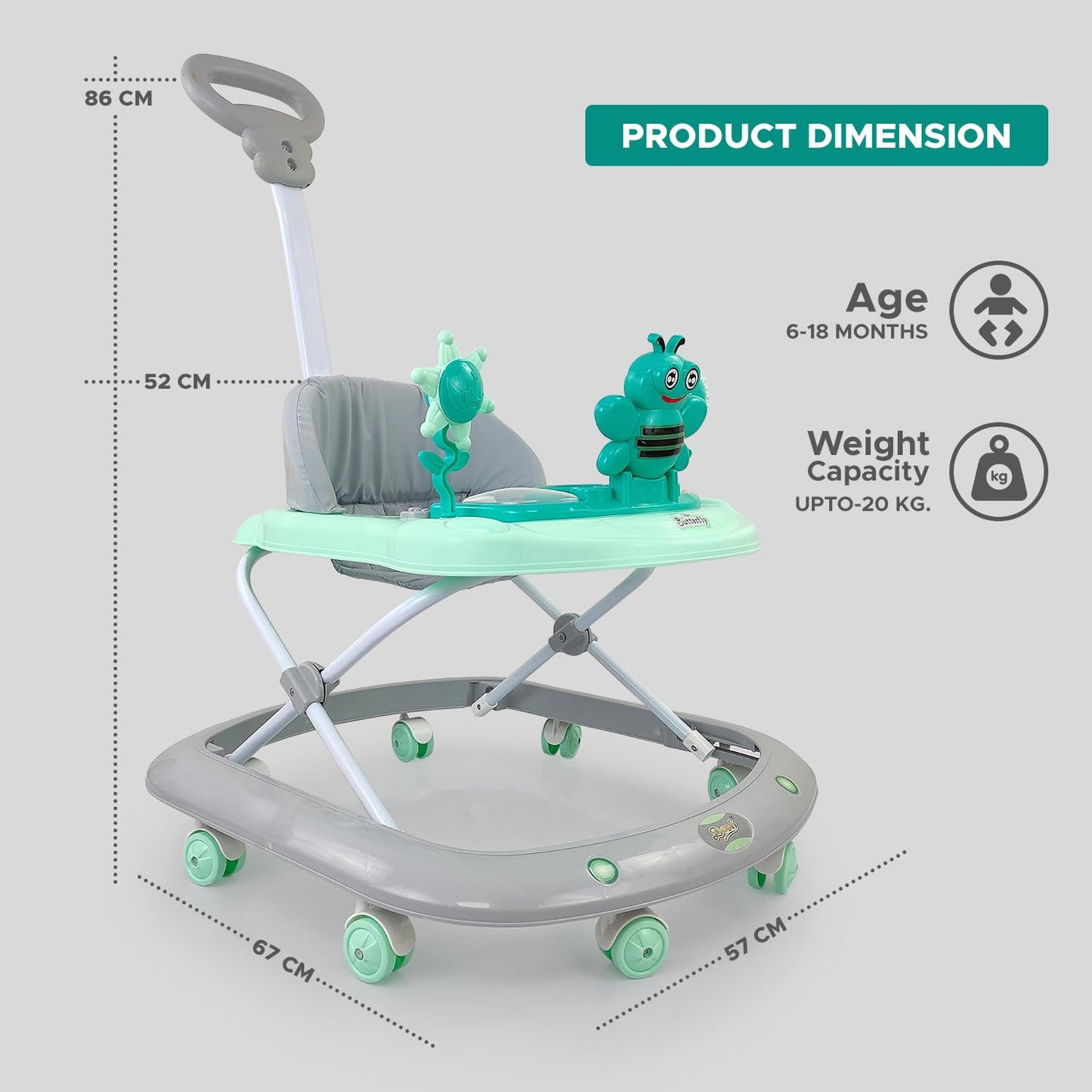 Dash Butterfly DLX Baby Walker, Walker Baby 6-18 Months boy, Walker, Activity Walker with Music n Light and Parental Handle, 3 Position Adjustable Height (Capacity 20kg |colour may vary' )