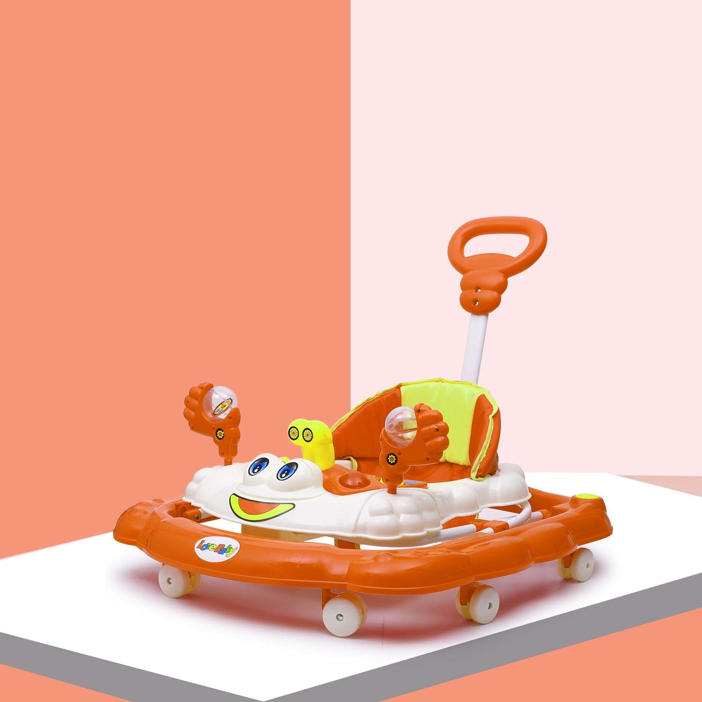 Love Baby Ultra Soft Seat Baby Activity Walker with Parental Control Handle, Adjustable Height and Musical Tray and Toys (Orange) - MRGTOYS