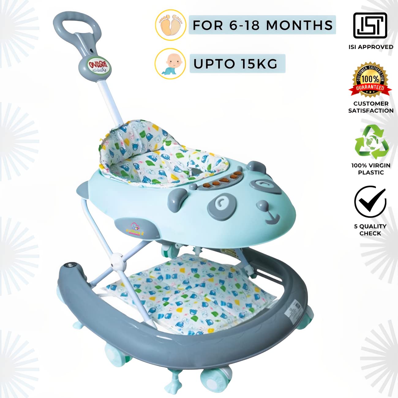 Baby Walker for Kids, Kids Walker with 3 Position Adjustable Height | Walker for Baby with Music, Activity Walker for Babies 6-18 Months (Green & Grey) - MRGTOYS