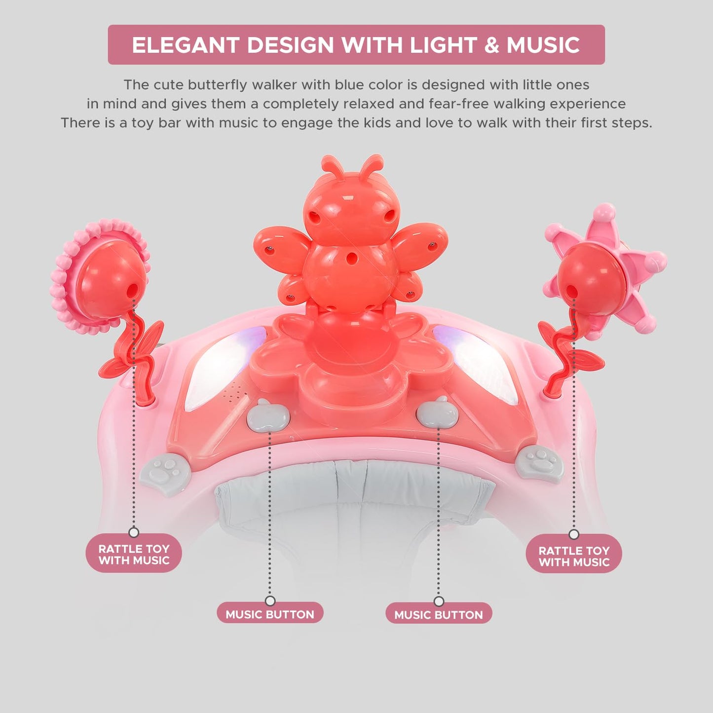 Dash Butterfly DLX Baby Walker, Walker Baby 6-18 Months boy, Walker, Activity Walker with Music n Light and Parental Handle, 3 Position Adjustable Height (Capacity 20kg |colour may vary' )