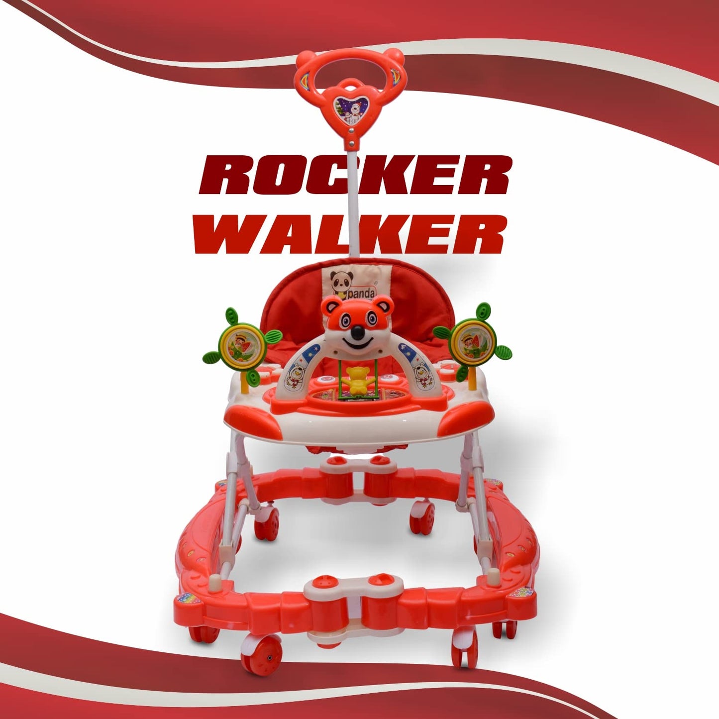 Rocker N Walker Baby Adjustable Height with Height Adjustable 6-18 Months Baby Walker Walker for Kids, Walker with Parental Push Handle | Activity Walker for Baby with Musical Boys Girls (Red) - MRGTOYS
