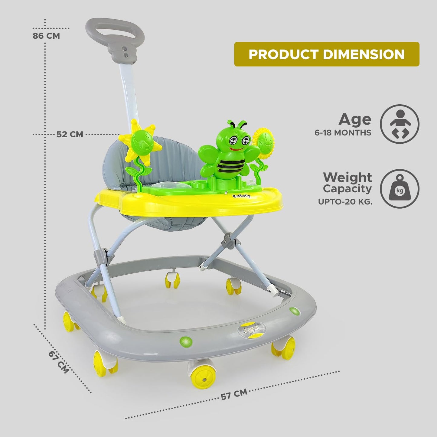 Dash Butterfly DLX Baby Walker, Walker Baby 6-18 Months boy, Walker, Activity Walker with Music n Light and Parental Handle, 3 Position Adjustable Height (Capacity 20kg |colour may vary' )