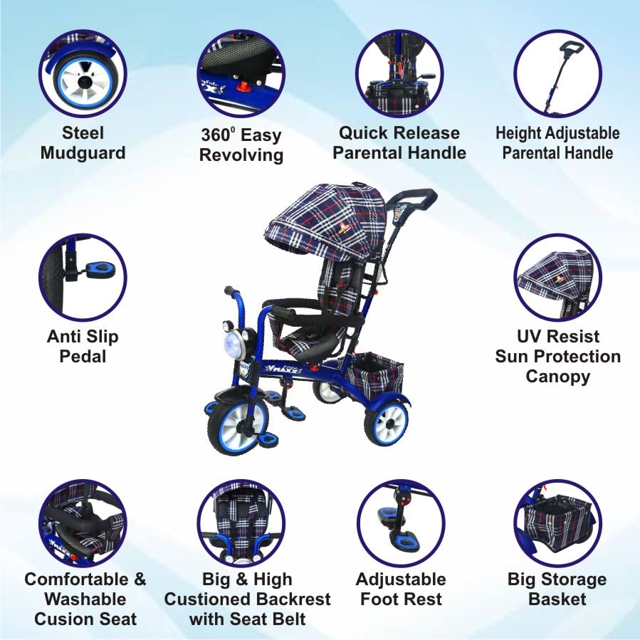 BABYCUTE Baby Tricycle for 2 Years to 5 Years | Tricycle for Kids 1 to 5 Years with Printed Canopy and Parent Push Handle (Light Blue) - MRGTOYS