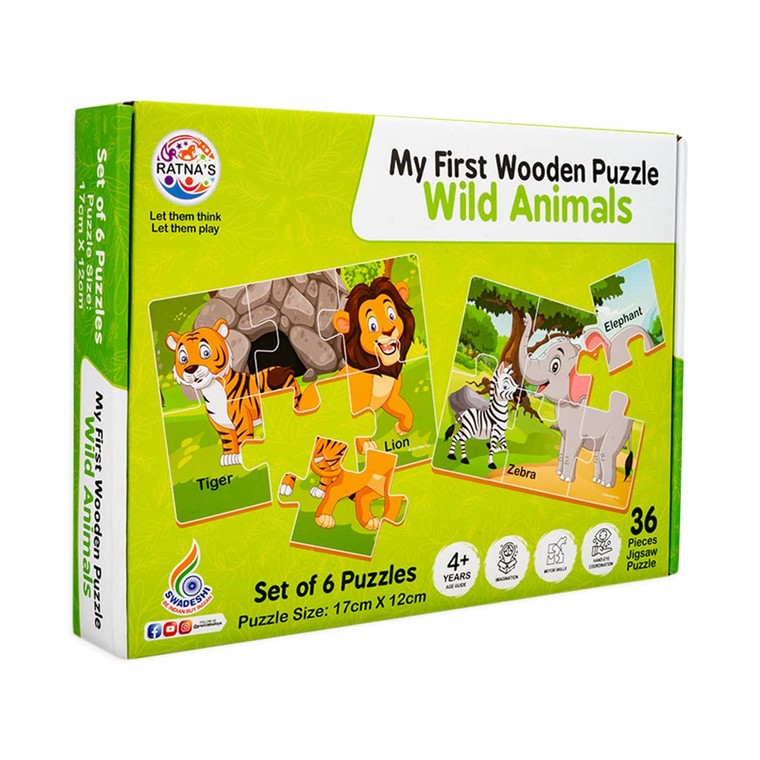 Ratna's My First Wooden Jigsaw Puzzle Wild Animals for Kids (6 Pieces, Pack of 6) Puzzle Size 17 x 12 cm
