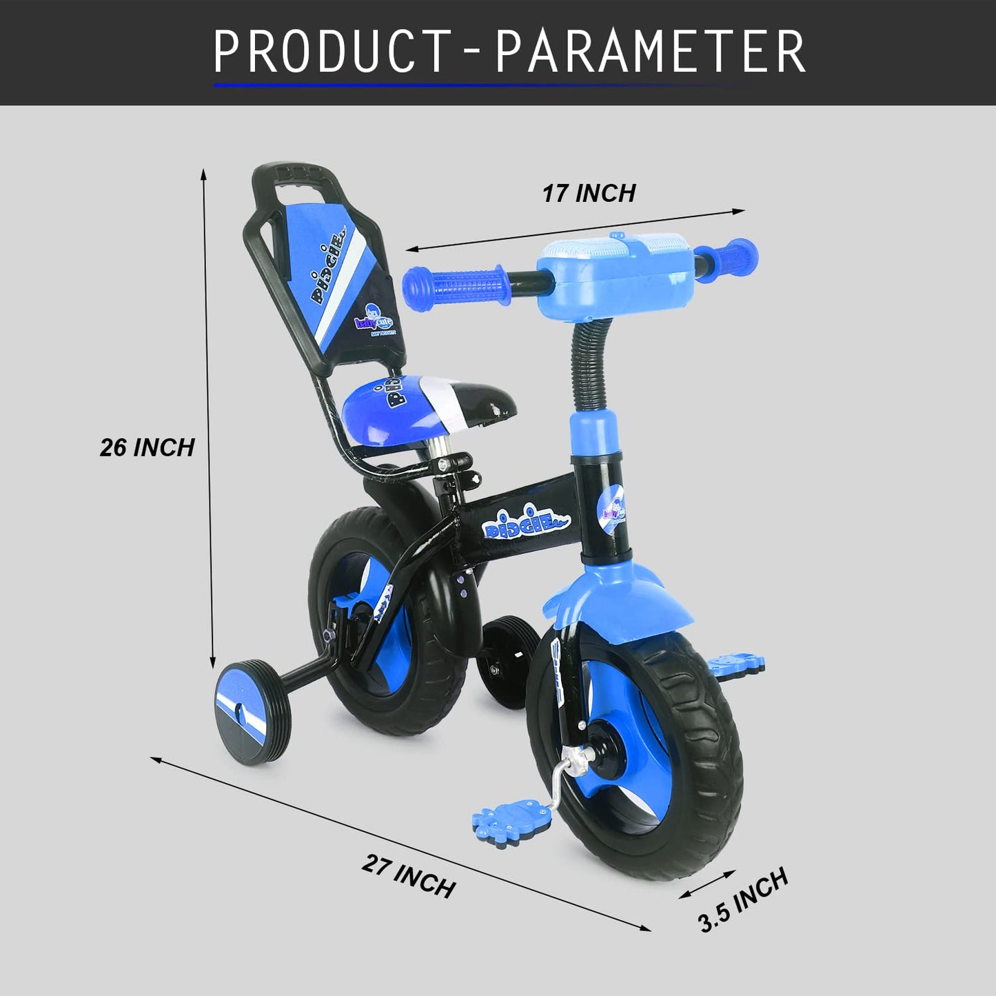 BABYCUTE Plug N Play Kids/Baby Tricycle for 12 Months to 48 Months, Cushion Seat and Seat Belt Boys, Girls, and Up to 30kg Carrying Capacity PIDGI TRICYCLE (Blue) - MRGTOYS