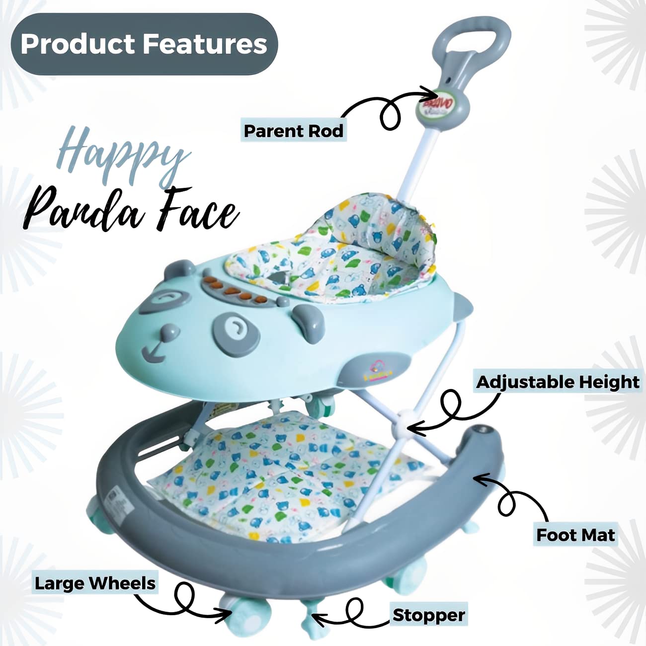 Baby Walker for Kids, Kids Walker with 3 Position Adjustable Height | Walker for Baby with Music, Activity Walker for Babies 6-18 Months (Green & Grey) - MRGTOYS