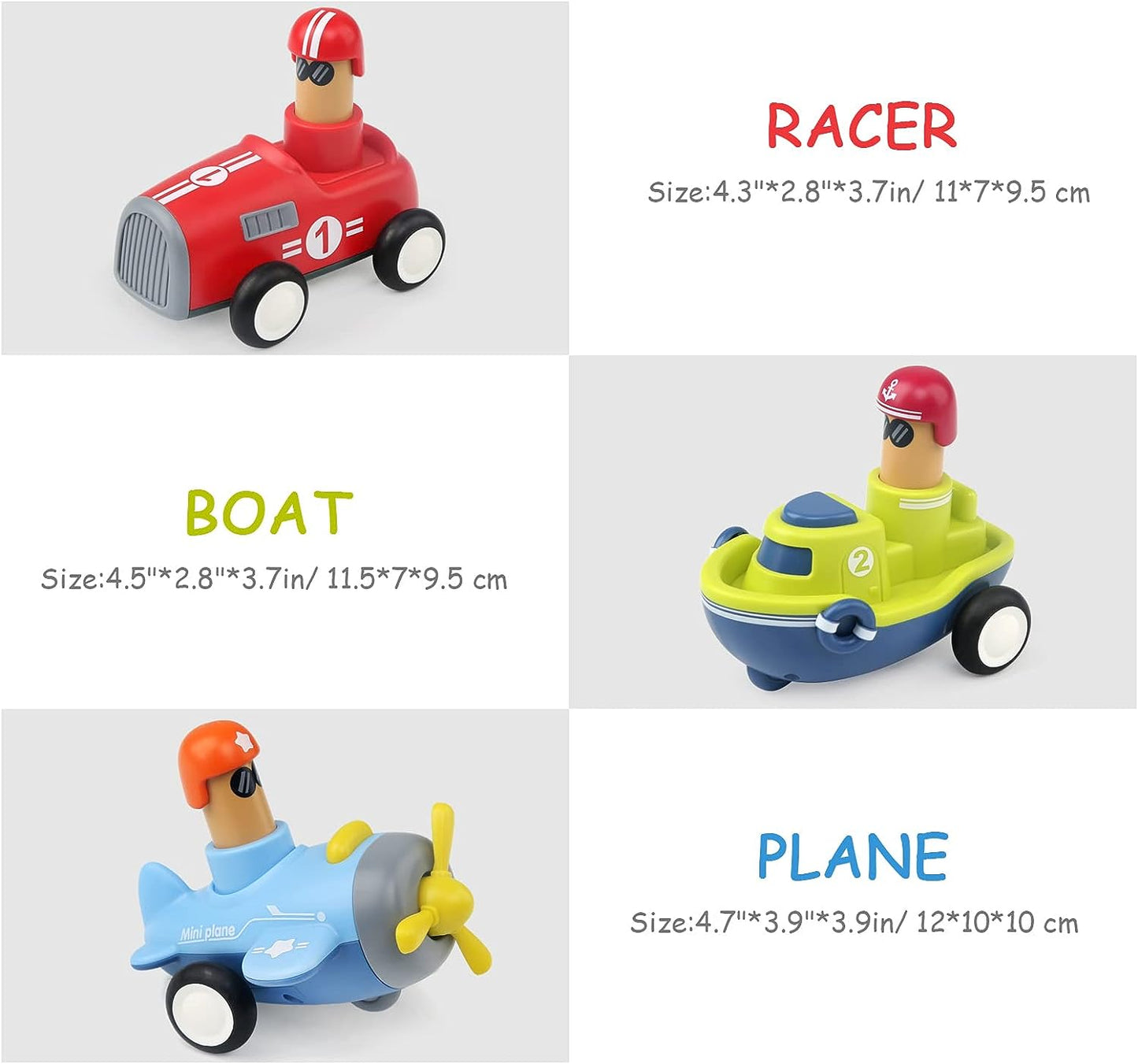 Pack of 4 Toy Cars Push and Go Play Set Friction Powered Car Pull Back Vehicles Transport Tools Gifts for Babies Toddlers Kids Boys Girls Age 3+ Years Old (Including Car Airplane Boat Train)