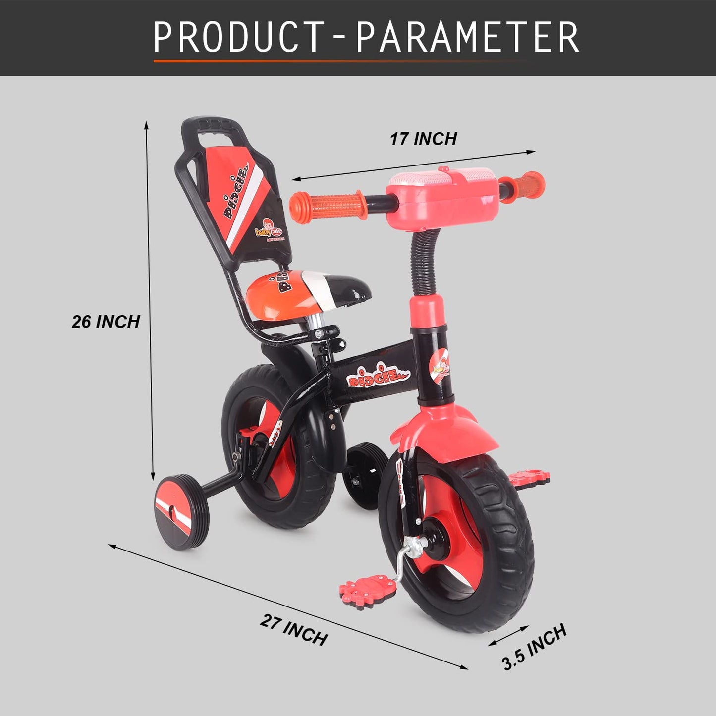 BABYCUTE Plug N Play Kids/Baby Tricycle for 12 Months to 48 Months, Cushion Seat and Seat Belt Boys, Girls, and Up to 30kg Carrying Capacity PIDGI TRICYCLE (Red) - MRGTOYS