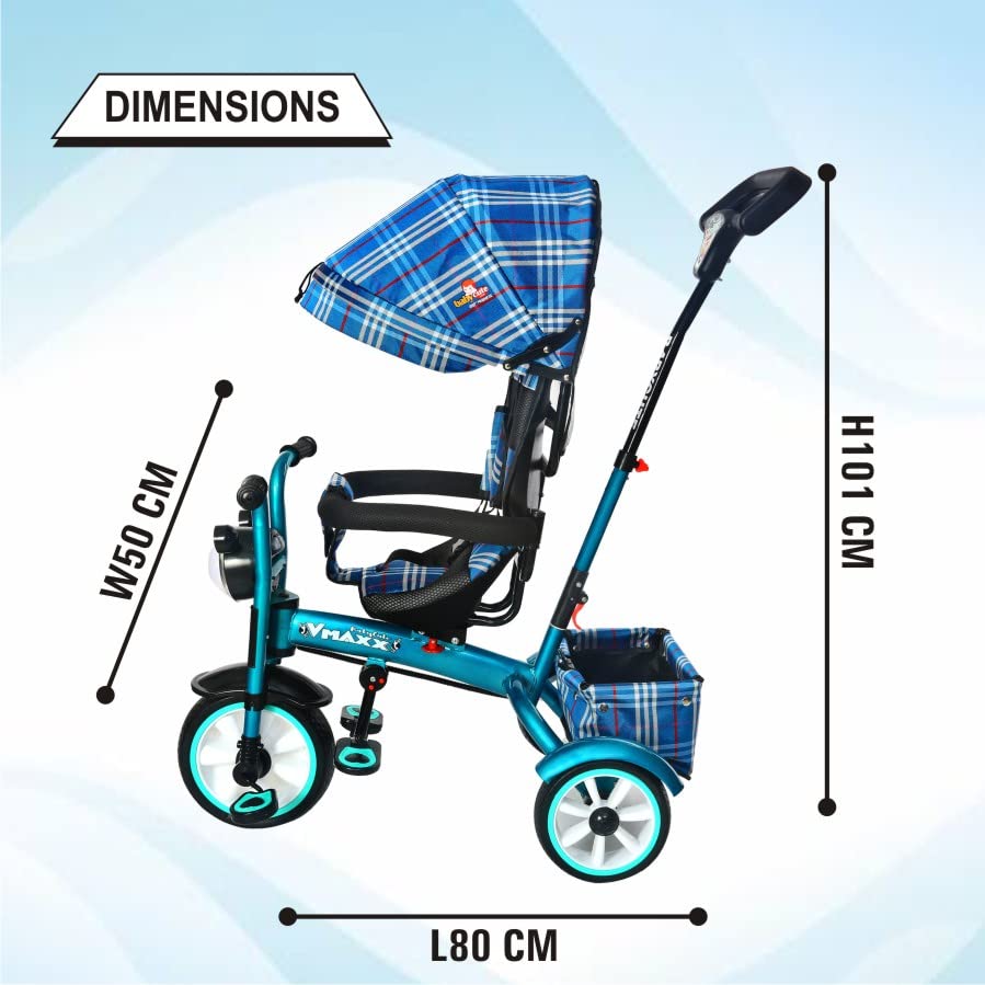 BABYCUTE Baby Tricycle for 2 Years to 5 Years | Tricycle for Kids 1 to 5 Years with Printed Canopy and Parent Push Handle (Navy Blue) - MRGTOYS