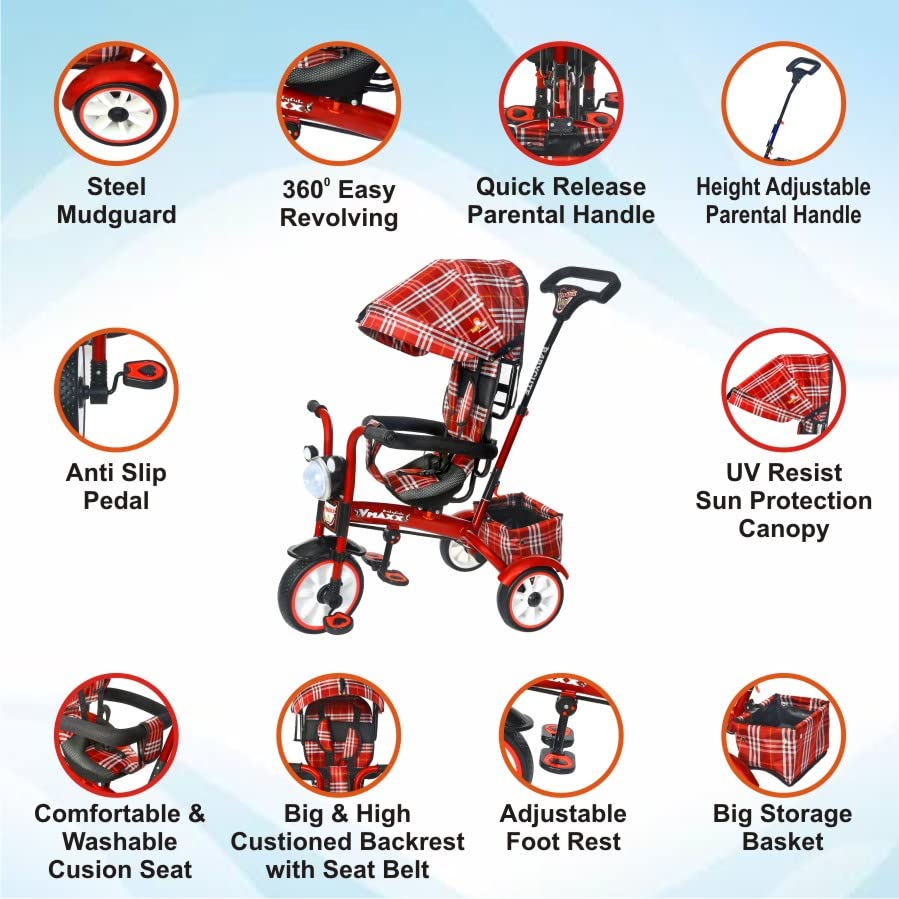 BABYCUTE Baby Tricycle for 2 Years to 5 Years | Tricycle for Kids 1 to 5 Years with Printed Canopy and Parent Push Handle (Red) - MRGTOYS