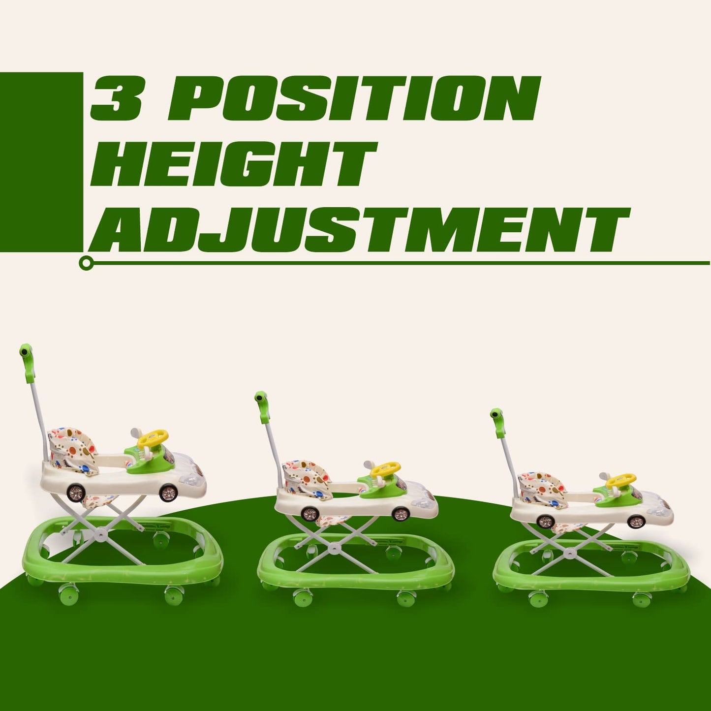B.M.W Baby Walker Adjustable Height with Height Adjustable 6-18 Months Baby Walker Walker for Kids, Walker with Parental Push Handle | Activity Walker for Baby with Musical Boys Girls (Green) - MRGTOYS