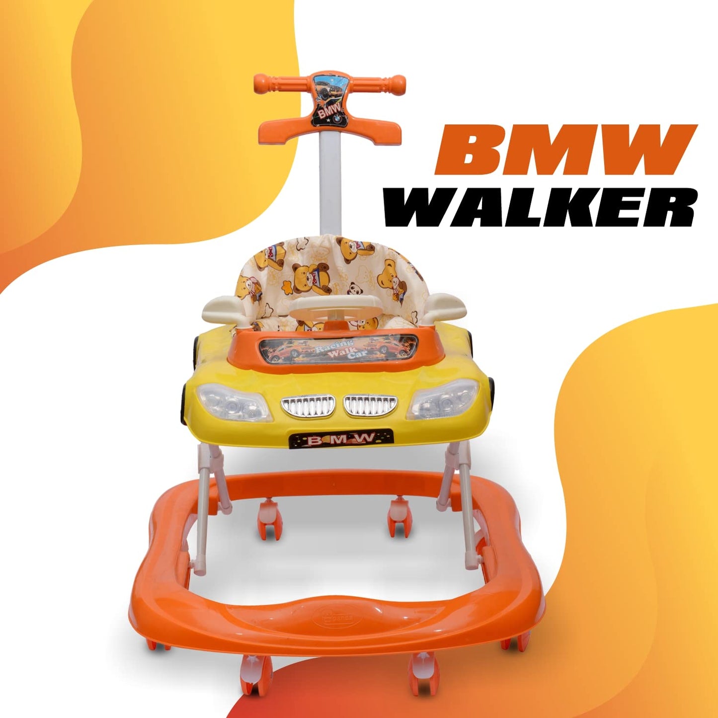 B.M.W Baby Walker Adjustable Height with Height Adjustable 6-18 Months Baby Walker Walker for Kids, Walker with Parental Push Handle | Activity Walker for Baby with Musical Boys Girls (Orange) - MRGTOYS