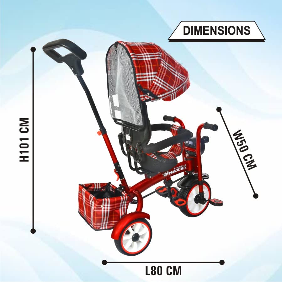 BABYCUTE Baby Tricycle for 2 Years to 5 Years | Tricycle for Kids 1 to 5 Years with Printed Canopy and Parent Push Handle (Red) - MRGTOYS