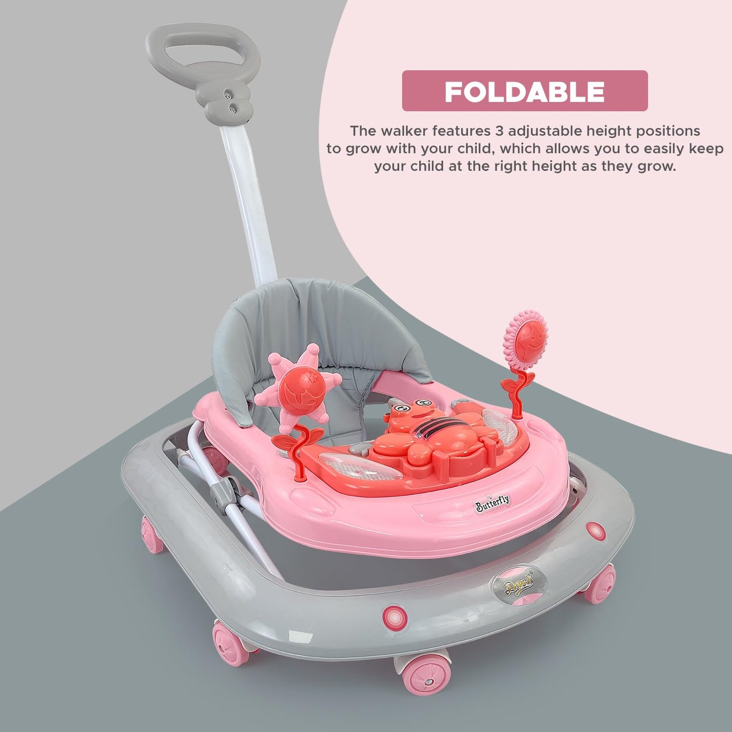 Dash Butterfly DLX Baby Walker, Walker Baby 6-18 Months boy, Walker, Activity Walker with Music n Light and Parental Handle, 3 Position Adjustable Height (Capacity 20kg |colour may vary' )