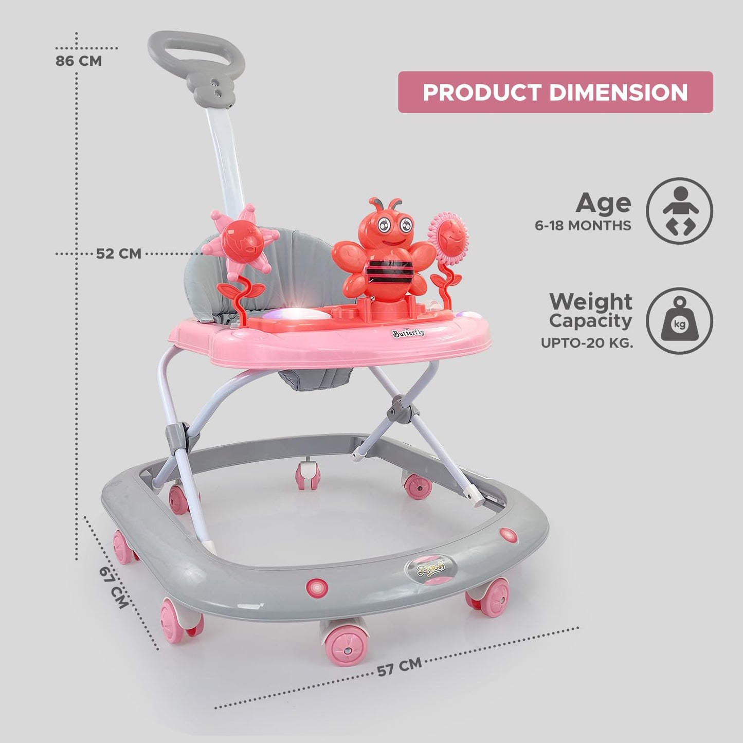 Dash Butterfly DLX Baby Walker, Walker Baby 6-18 Months boy, Walker, Activity Walker with Music n Light and Parental Handle, 3 Position Adjustable Height (Capacity 20kg |colour may vary' )
