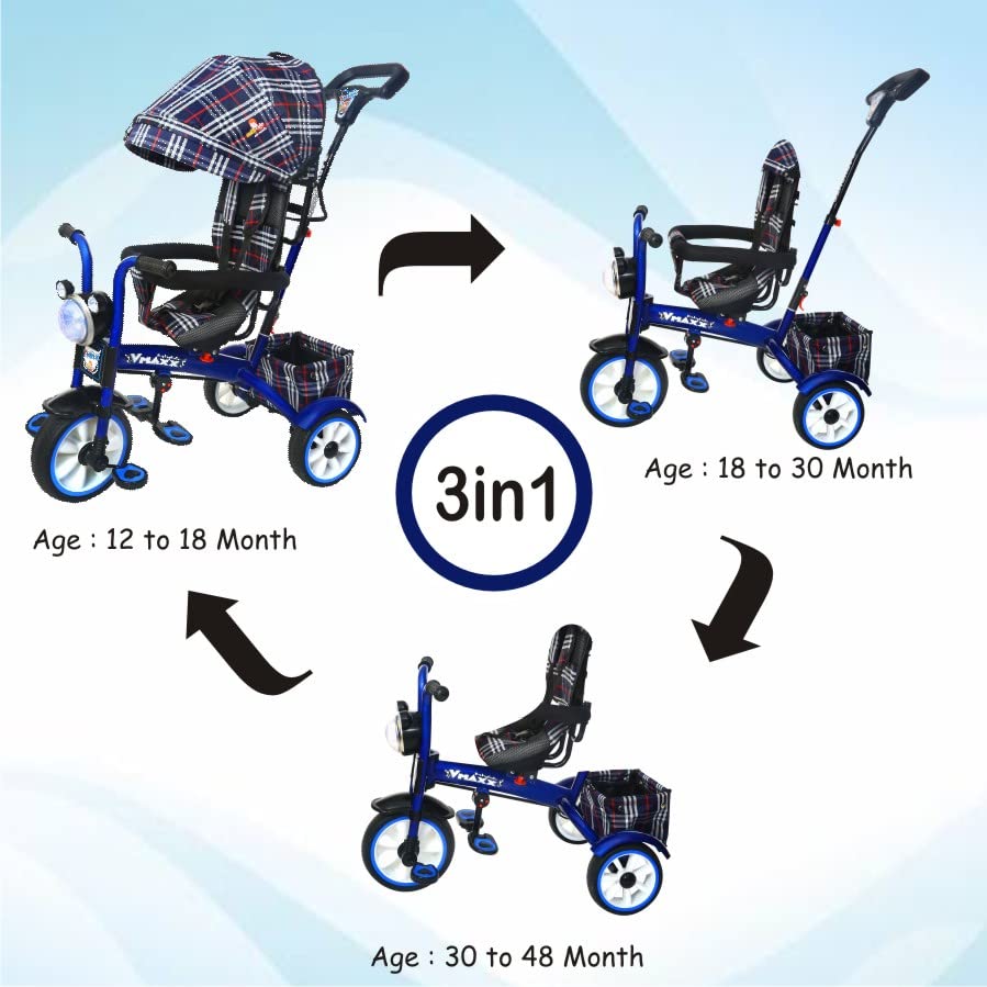 BABYCUTE Baby Tricycle for 2 Years to 5 Years | Tricycle for Kids 1 to 5 Years with Printed Canopy and Parent Push Handle (Light Blue) - MRGTOYS