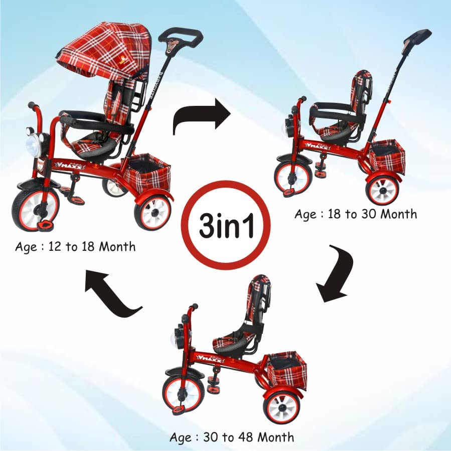 BABYCUTE Baby Tricycle for 2 Years to 5 Years | Tricycle for Kids 1 to 5 Years with Printed Canopy and Parent Push Handle (Red) - MRGTOYS