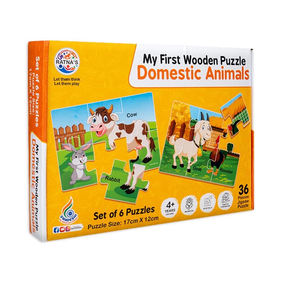 Ratna's My First Wooden Jigsaw Puzzle Domestic Animals for Kids (6 Pieces, Pack of 6; Total 36 pcs) Puzzle Size 17 x 12 cm