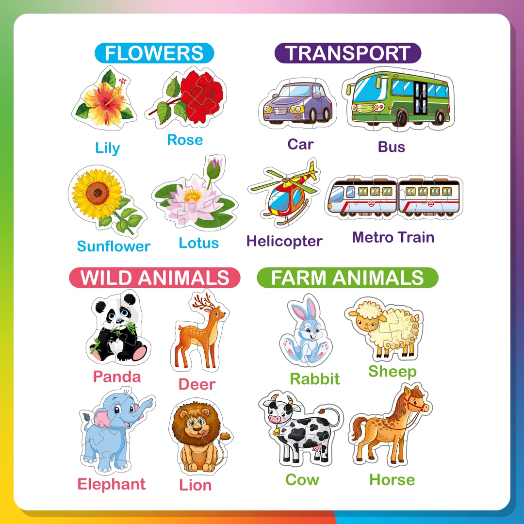 Ratna's Knowledge Bank Junior | 32 Different Jigsaw Puzzle Combo of Birds, Fruits, Flowers, Transports, Vegetables, Sea Animals, Wild Animals & Farm Animals for Kids 2+ Years