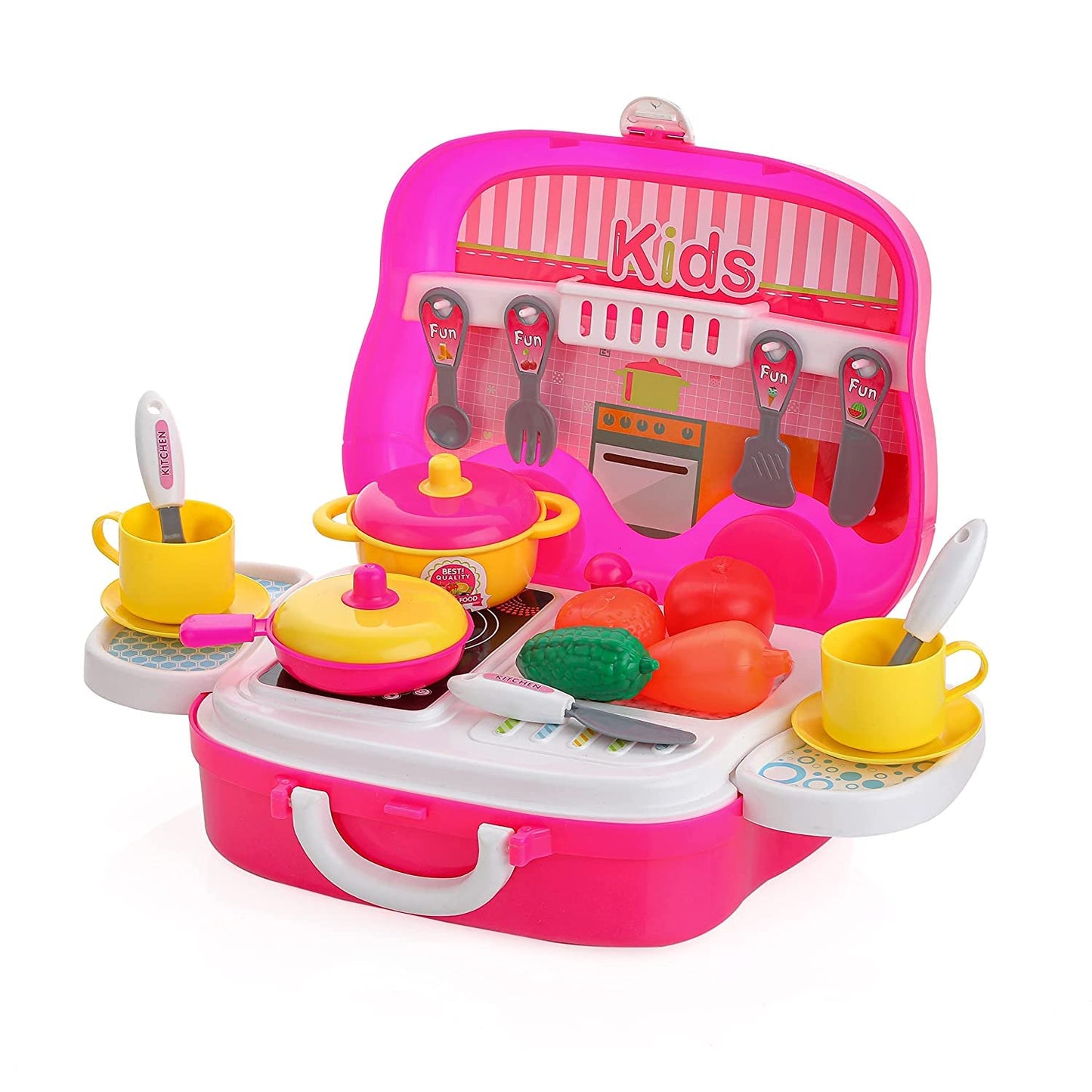 ADITI TOYS Plastic Luxury Kitchen Set Cooking Toy with Briefcase and Accessories || for Age - 3+Years Multicolor (26 pieces)