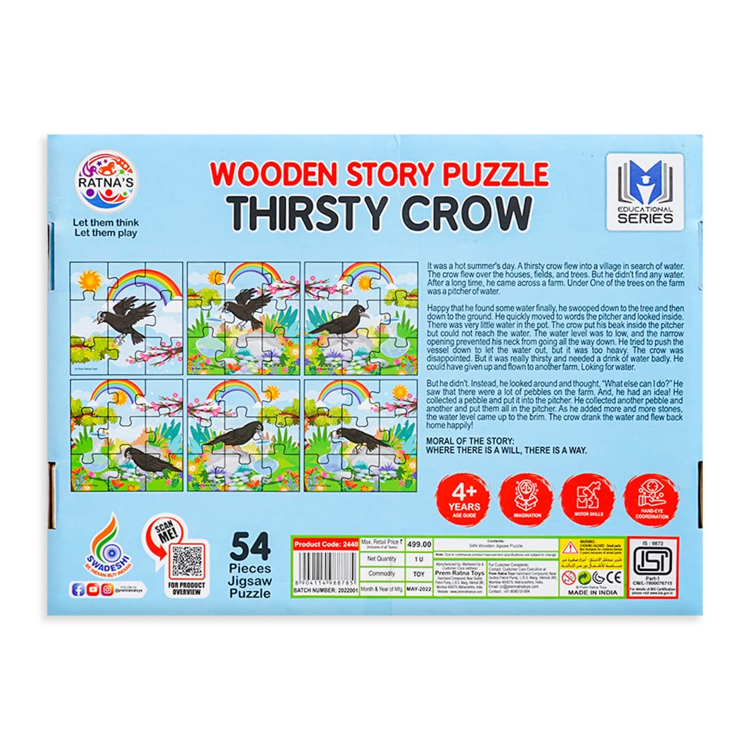 Ratna's Wooden Jigsaw Story Puzzle Thirsty Crow for Kids 54 Pieces (9 Pieces Puzzle, Pack of 6) Puzzle Size 14 x 14 cm