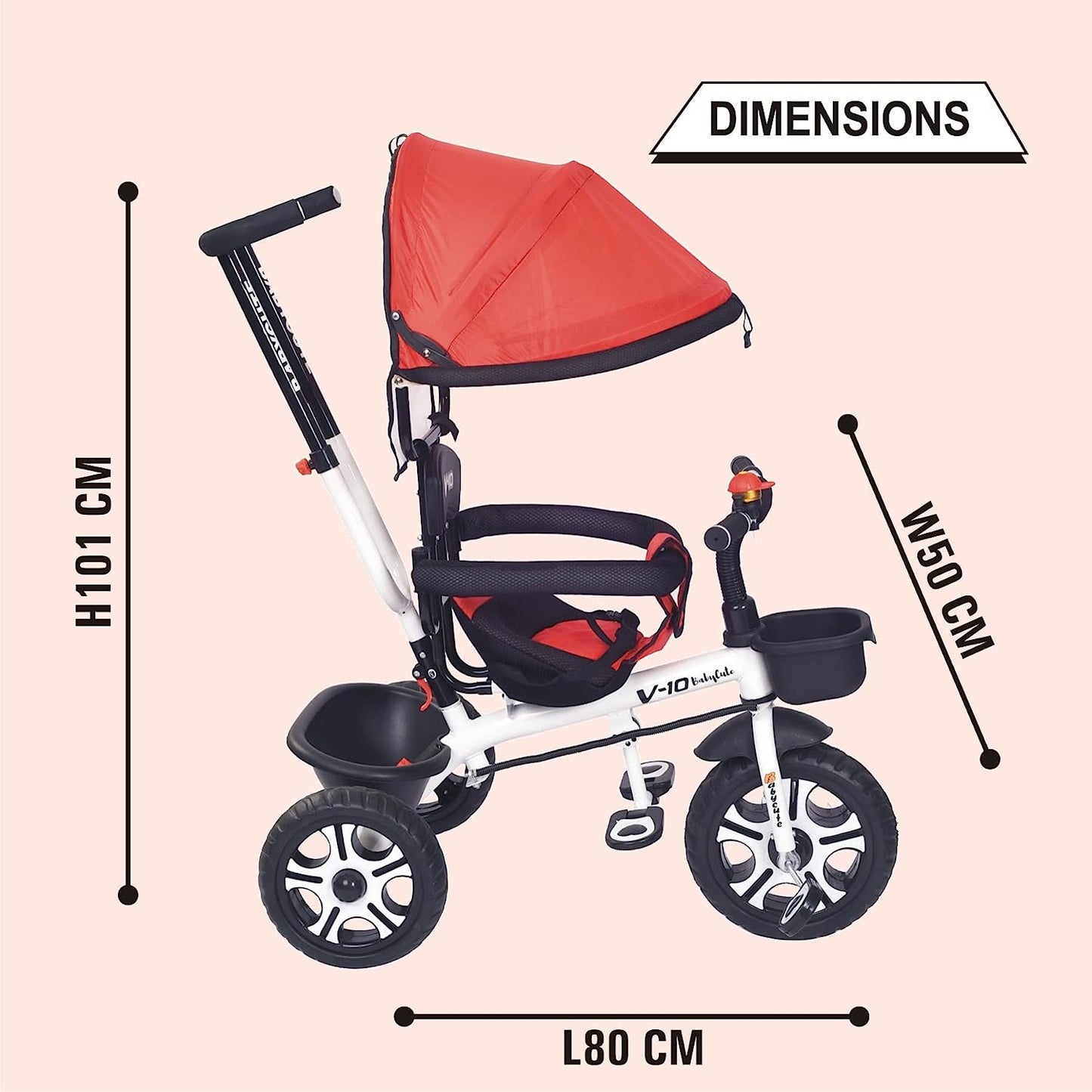 BabyCute Cycle for Kids, Plug and Play Baby Sports Tricycle with Canopy for 2 to 5 Year Old Children V 10 RED - MRGTOYS