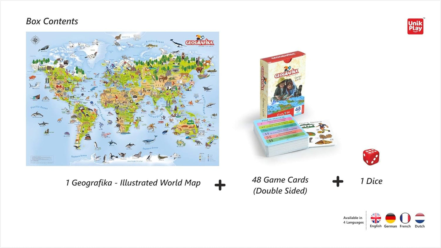 UnikPlay Geografika World Map Game - Game Night, Engaging Board Games for Kids 6-8, Kids Games Ages 4-8 – Non-Tearable, Waterproof Illustrated Map with 280+ Trivia Questions, 48 Double-Sided Cards