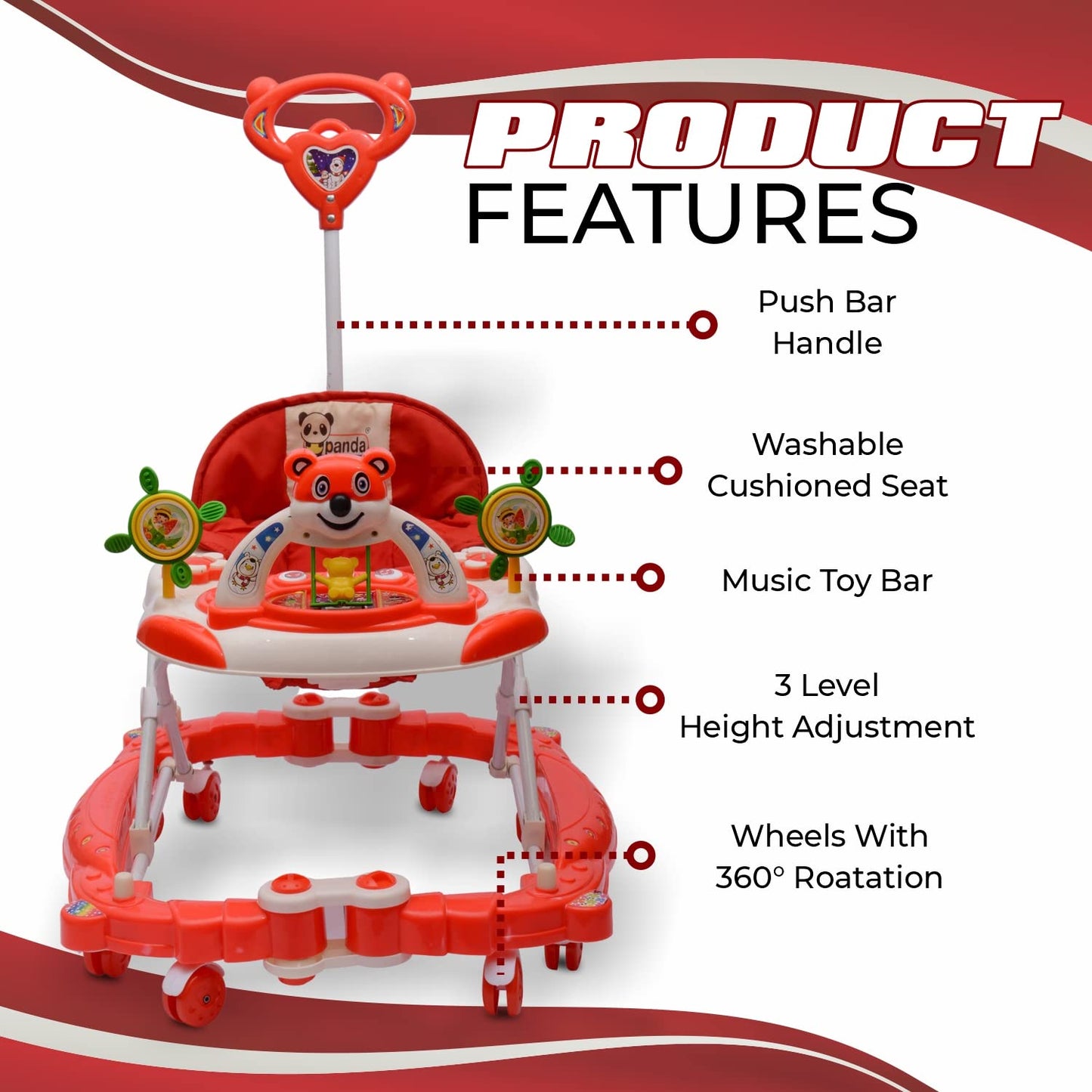 Rocker N Walker Baby Adjustable Height with Height Adjustable 6-18 Months Baby Walker Walker for Kids, Walker with Parental Push Handle | Activity Walker for Baby with Musical Boys Girls (Red) - MRGTOYS