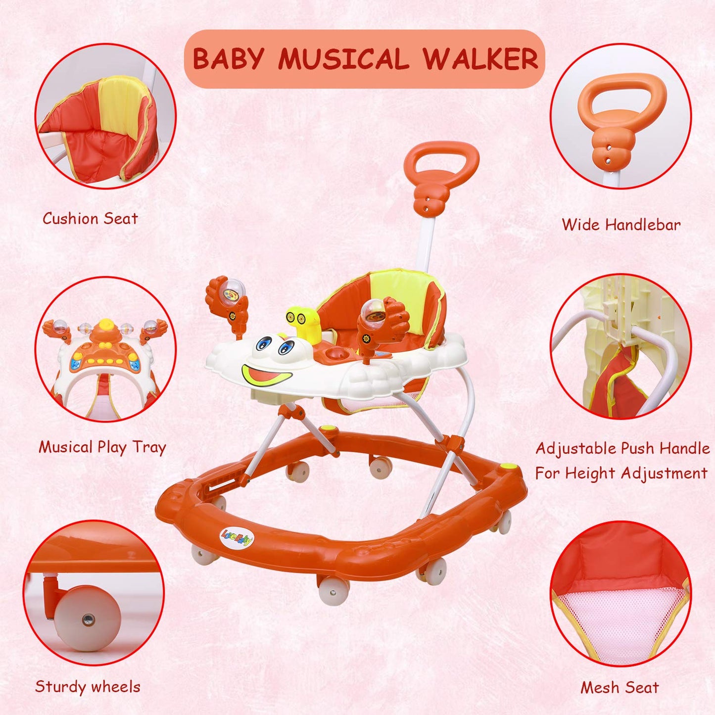 Love Baby Ultra Soft Seat Baby Activity Walker with Parental Control Handle, Adjustable Height and Musical Tray and Toys (Orange) - MRGTOYS