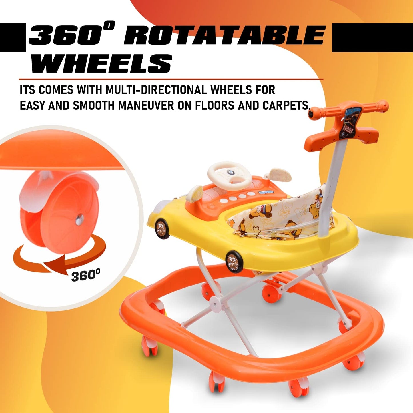 B.M.W Baby Walker Adjustable Height with Height Adjustable 6-18 Months Baby Walker Walker for Kids, Walker with Parental Push Handle | Activity Walker for Baby with Musical Boys Girls (Orange) - MRGTOYS