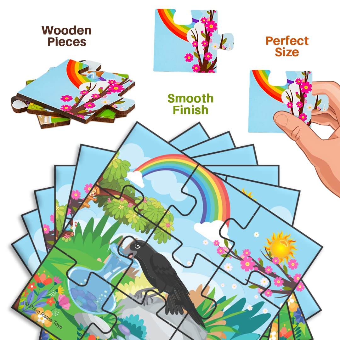Ratna's Wooden Jigsaw Story Puzzle Thirsty Crow for Kids 54 Pieces (9 Pieces Puzzle, Pack of 6) Puzzle Size 14 x 14 cm