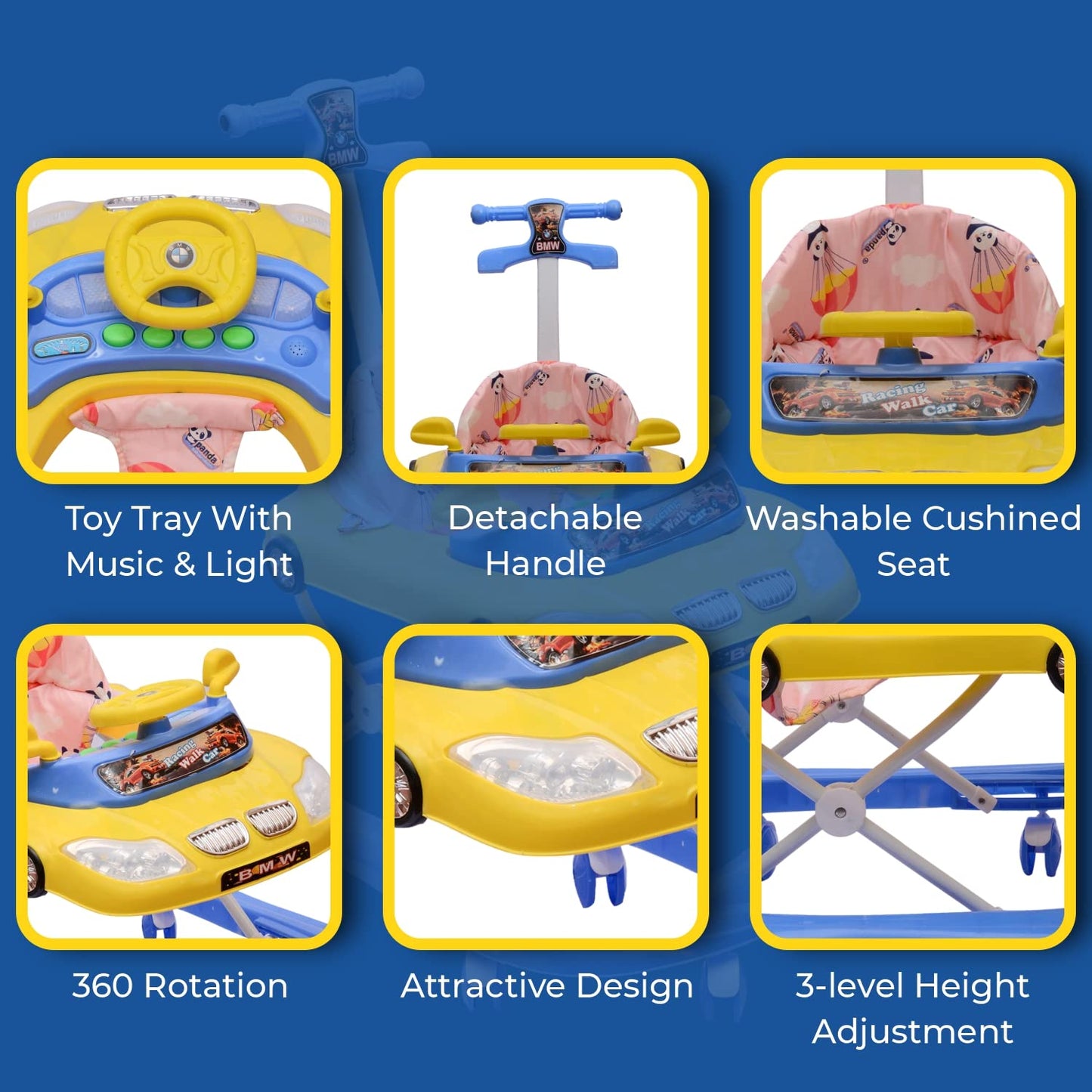 B.M.W Baby Walker Adjustable Height with Height Adjustable 6-18 Months Baby Walker Walker for Kids, Walker with Parental Push Handle | Activity Walker for Baby with Musical Boys Girls (Blue) - MRGTOYS