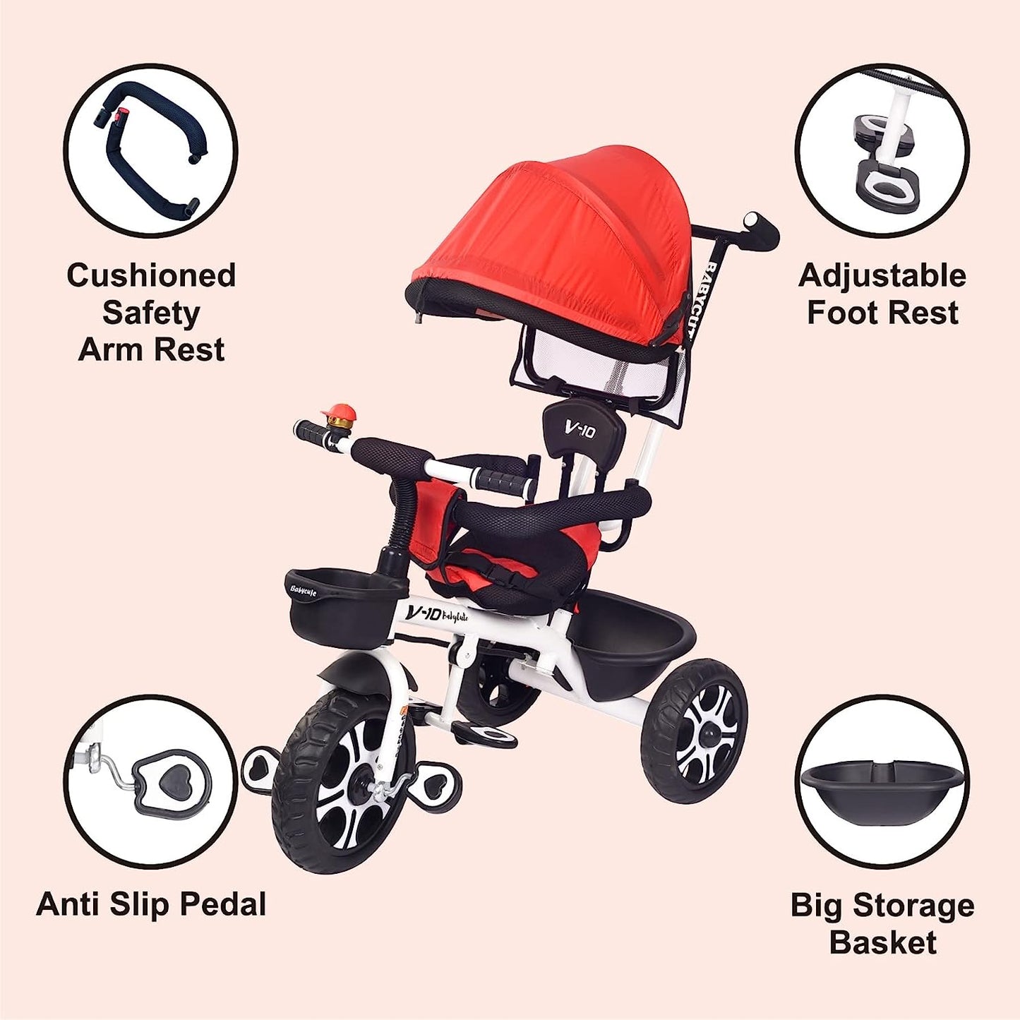 BabyCute Cycle for Kids, Plug and Play Baby Sports Tricycle with Canopy for 2 to 5 Year Old Children V 10 RED - MRGTOYS