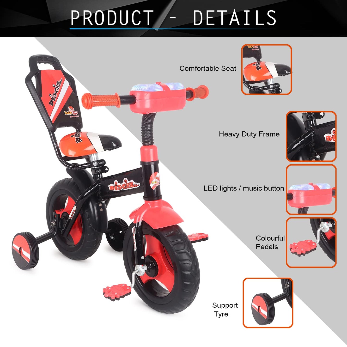 BABYCUTE Plug N Play Kids/Baby Tricycle for 12 Months to 48 Months, Cushion Seat and Seat Belt Boys, Girls, and Up to 30kg Carrying Capacity PIDGI TRICYCLE (Red) - MRGTOYS
