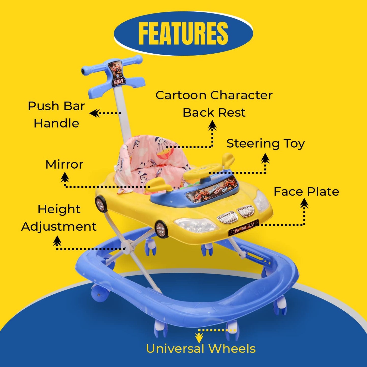 B.M.W Baby Walker Adjustable Height with Height Adjustable 6-18 Months Baby Walker Walker for Kids, Walker with Parental Push Handle | Activity Walker for Baby with Musical Boys Girls (Blue) - MRGTOYS