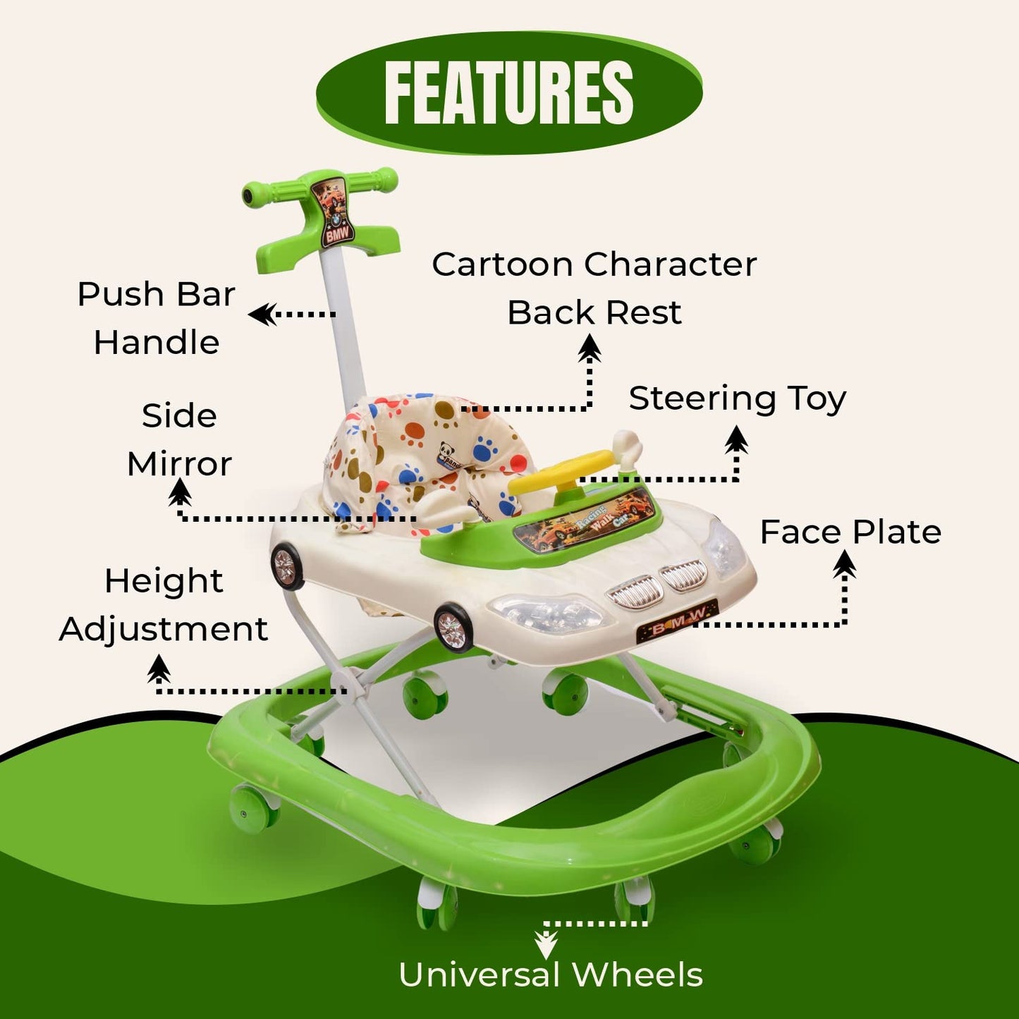 B.M.W Baby Walker Adjustable Height with Height Adjustable 6-18 Months Baby Walker Walker for Kids, Walker with Parental Push Handle | Activity Walker for Baby with Musical Boys Girls (Green) - MRGTOYS