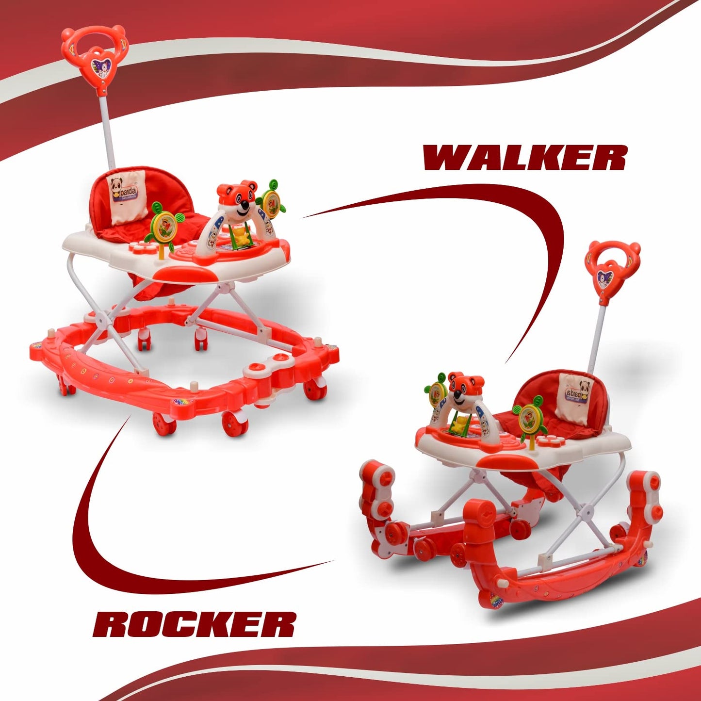 Rocker N Walker Baby Adjustable Height with Height Adjustable 6-18 Months Baby Walker Walker for Kids, Walker with Parental Push Handle | Activity Walker for Baby with Musical Boys Girls (Red) - MRGTOYS