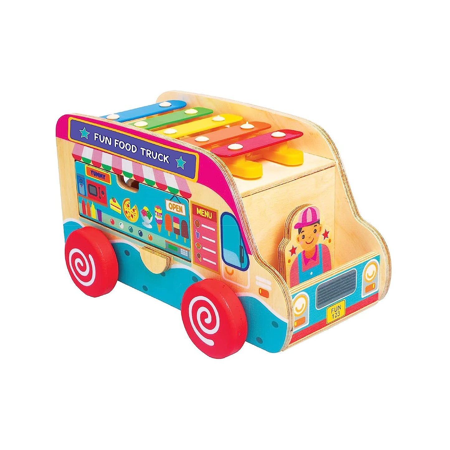 Giggles - Food Truck, Educational Wooden Push Along Toy with Icecream Shapes, Pretend Play,Shape Sorting,Free Wheel, 6 Months & Above, Infant and Preschool Toys