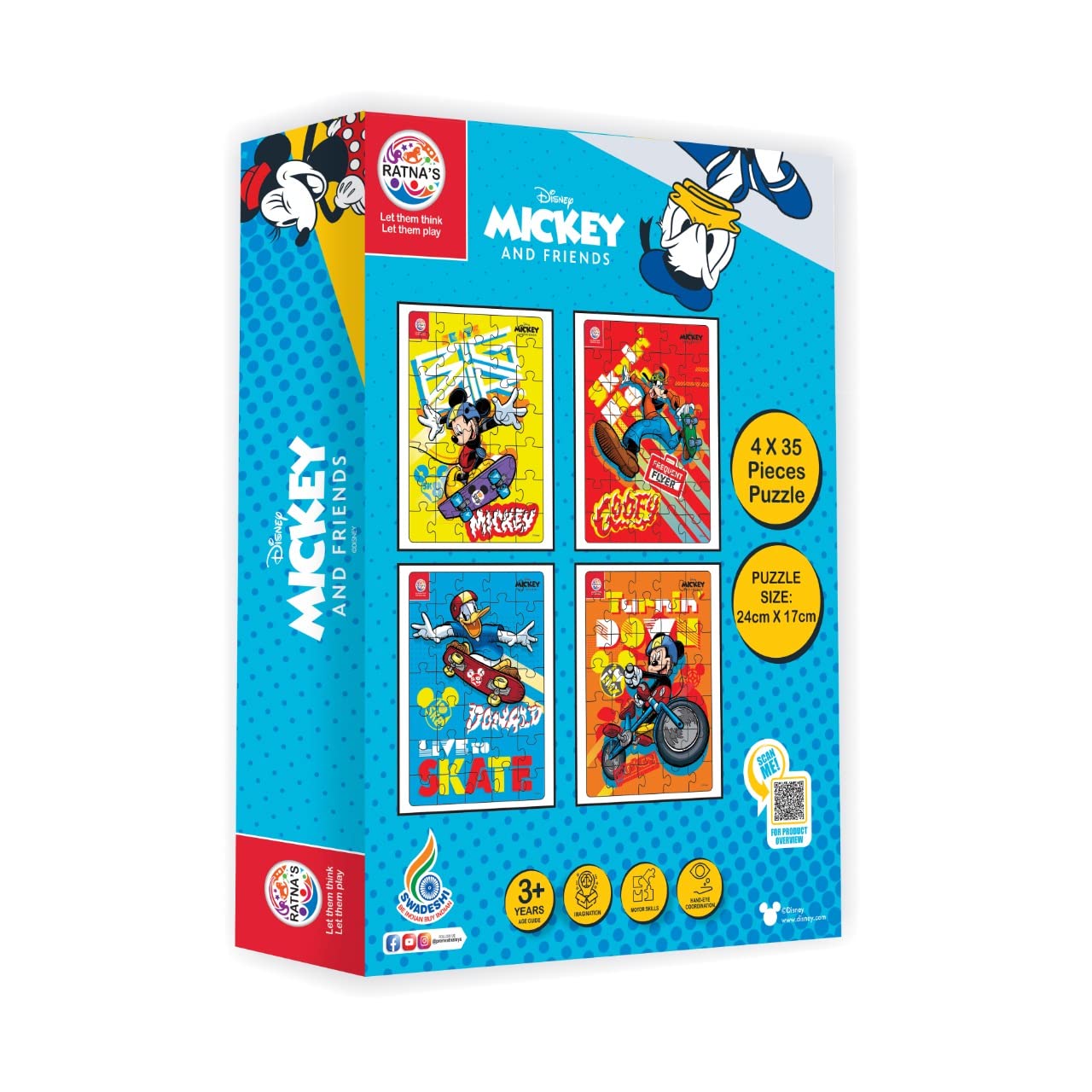 Ratna's 4 in 1 Disney Jigsaw Puzzle 140 Pieces for Kids. 4 Jigsaw Puzzles 35 Pieces Each (Mickey Mouse, Donald Duck, Goofy Vertical) - MRGTOYS