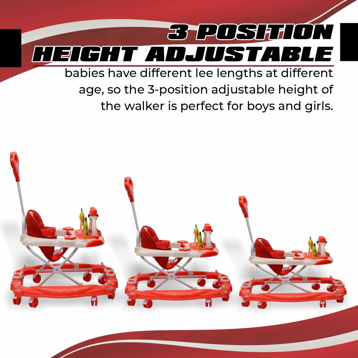 Rocker N Walker Baby Adjustable Height with Height Adjustable 6-18 Months Baby Walker Walker for Kids, Walker with Parental Push Handle | Activity Walker for Baby with Musical Boys Girls (Red) - MRGTOYS