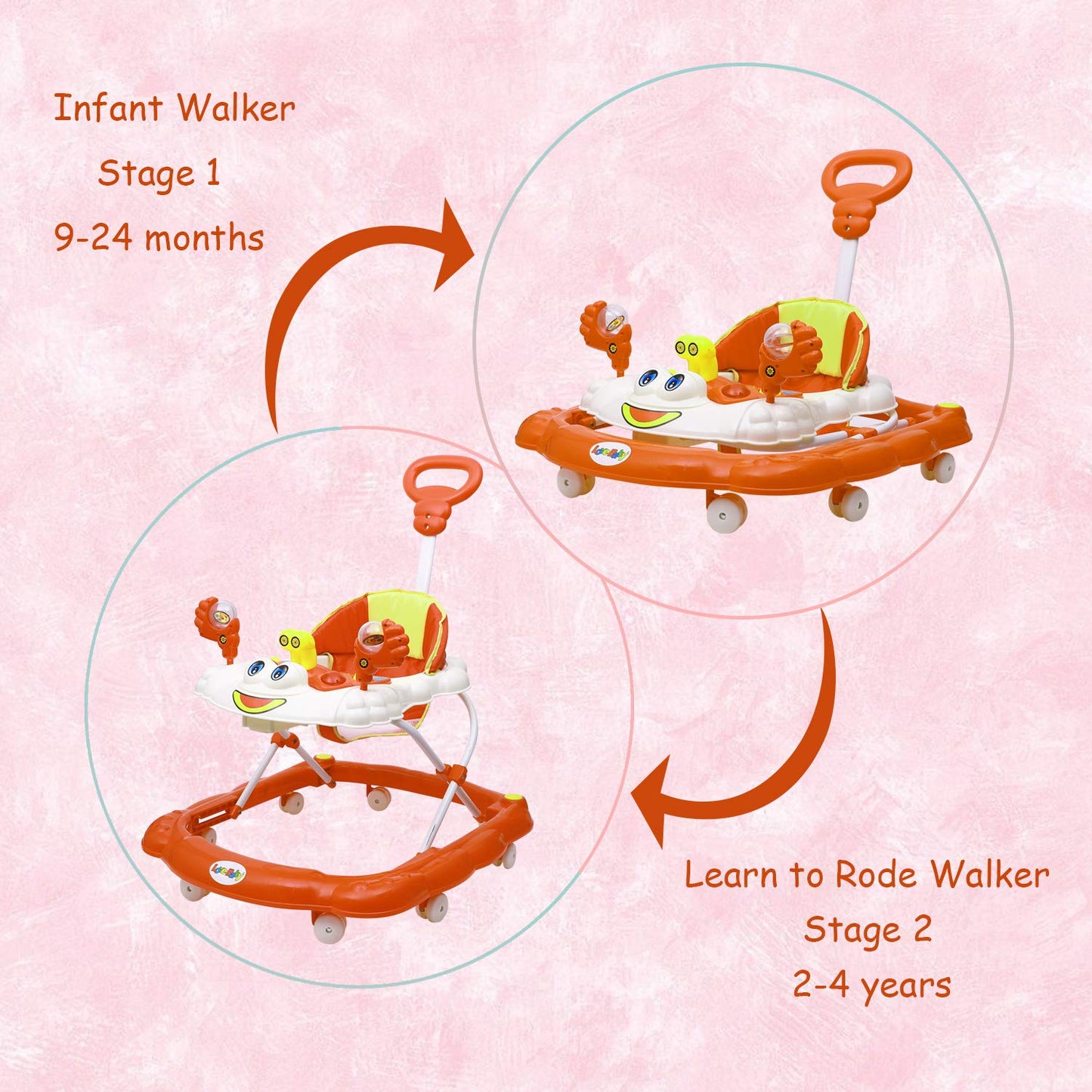 Love Baby Ultra Soft Seat Baby Activity Walker with Parental Control Handle, Adjustable Height and Musical Tray and Toys (Orange) - MRGTOYS