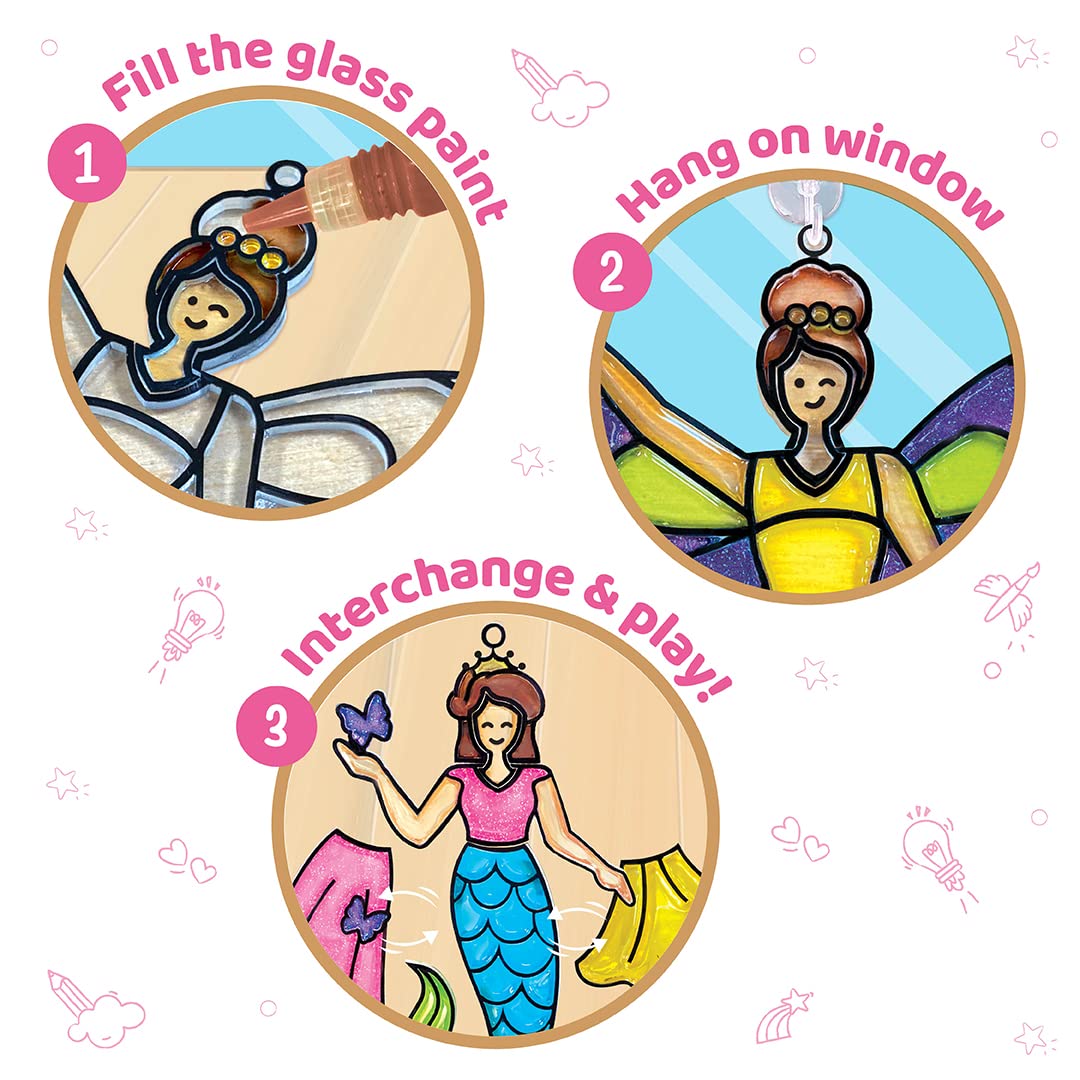 Imagimake Window Art - Princess - 16 Pieces Glass Painting Set - Princess, Mermaid, Unicorn Designs - Craft Kit for Girls 5 Years & Above GAMES