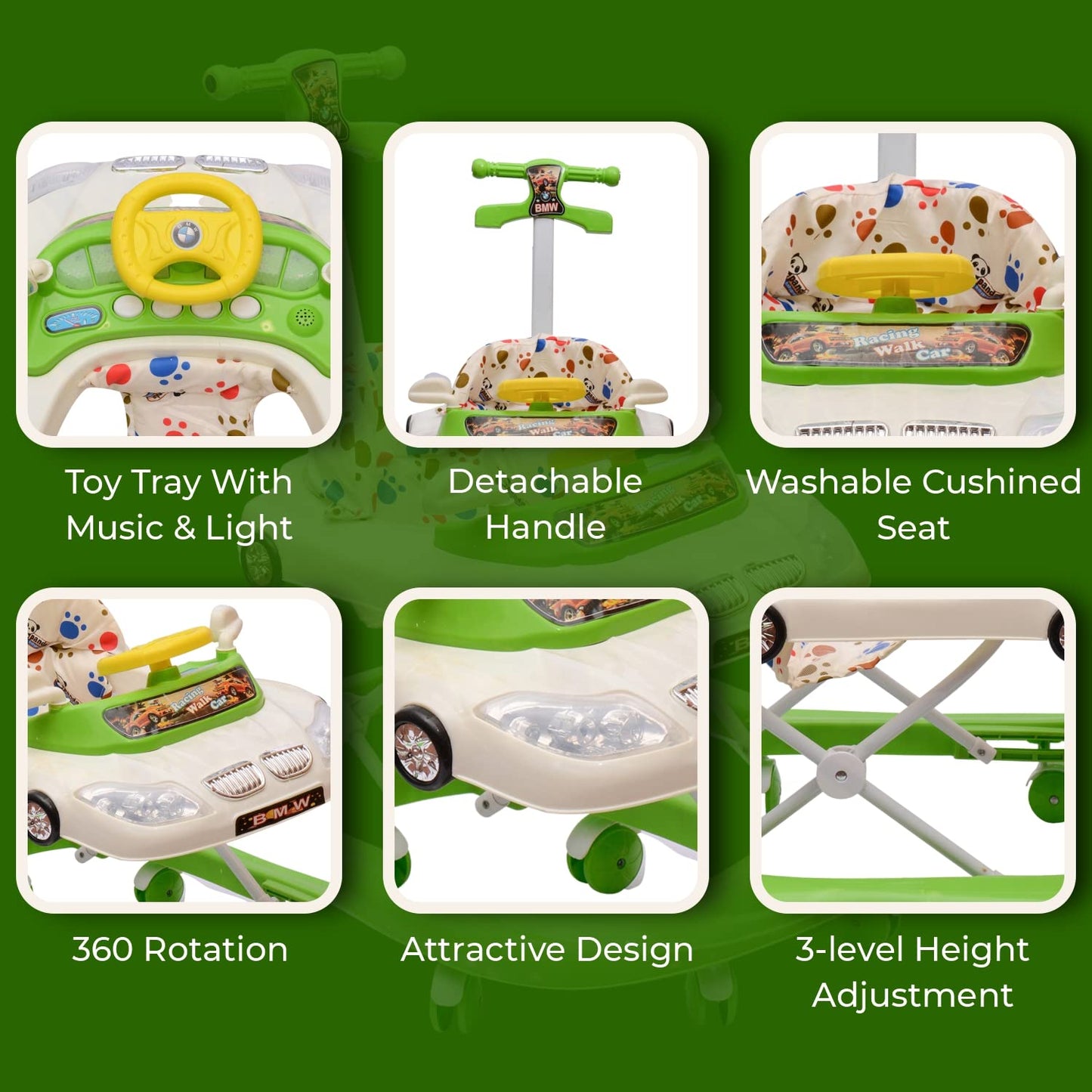 B.M.W Baby Walker Adjustable Height with Height Adjustable 6-18 Months Baby Walker Walker for Kids, Walker with Parental Push Handle | Activity Walker for Baby with Musical Boys Girls (Green) - MRGTOYS