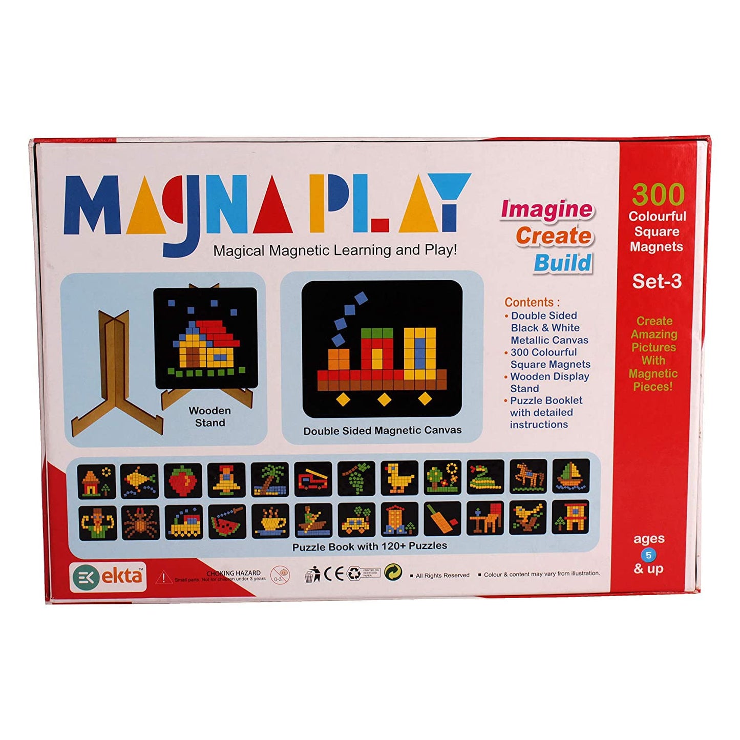 EKTA Magna Play Set-3 with Wooden Stand, 300 Colourful Square Magnets, 400+ Different Puzzles, Imagine/Create/Build, Magical Magnetic Learning and Play for Childrens Age 5 Years & Above - Multi Color
